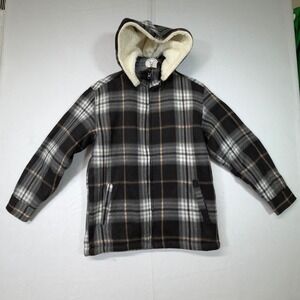 Elevani Plaid Fleece Sherpa Lined Hooded Jacket Gray‎ Black Beige Size 14